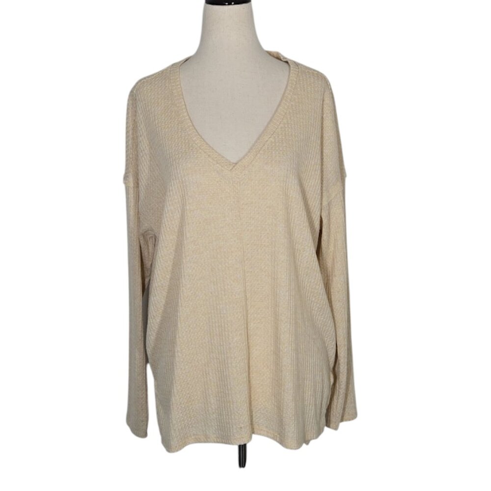 GIBSONLOOK Beige Thermal Waffle Knit V-Neck Long Sleeve Top Size M  NWOT